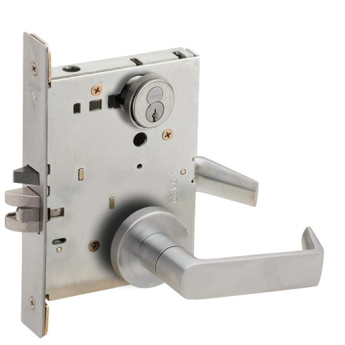 Schlage L9076R 06A 626 Grade 1 Classroom Holdback Mortise Lock Schlage FSIC With Core S123 Keyway 06 Lever A Rose Satin Chrome Finish Field Reversible L9076R 06A 626