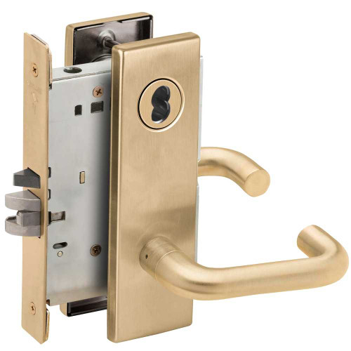 Schlage L9080B 03N 606 Grade 1 Storeroom Mortise Lock SFIC Prep Less Core 03 Lever N Escutcheon Satin Brass Finish Field Reversible L9080B 03N 606