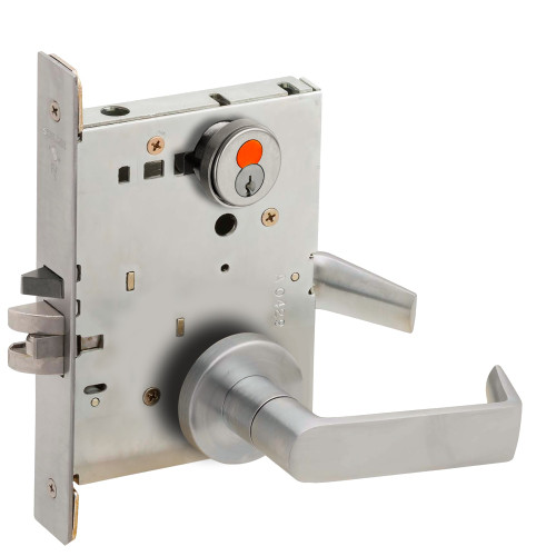 Schlage L9080H 06A 626 Grade 1 Storeroom Mortise Lock 7-Pin SFIC Prep With Construction Core 06 Lever A Rose Satin Chrome Finish Field Reversible