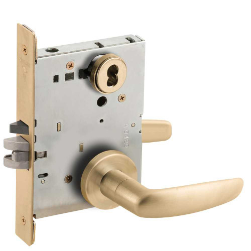 Schlage L9080J 07A 606 Grade 1 Storeroom Mortise Lock Schlage FSIC Less Core 07 Lever A Rose Satin Brass Finish Field Reversible L9080J 07A 606