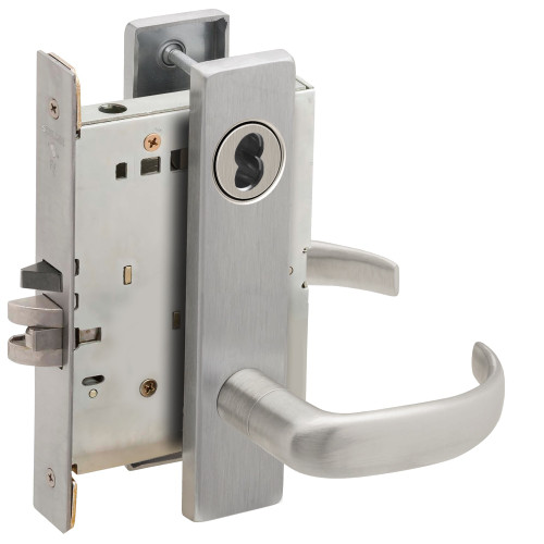 Schlage L9080J 17L 630 Grade 1 Storeroom Mortise Lock Schlage FSIC Less Core 17 Lever L Escutcheon Satin Stainless Steel Finish Field Reversible