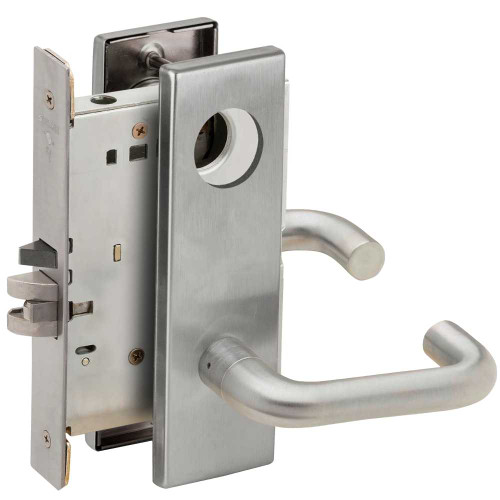 Schlage L9080L 03N 630 Grade 1 Storeroom Mortise Lock Less Cylinder 03 Lever N Escutcheon Satin Stainless Steel Finish Field Reversible L9080L 03N 630
