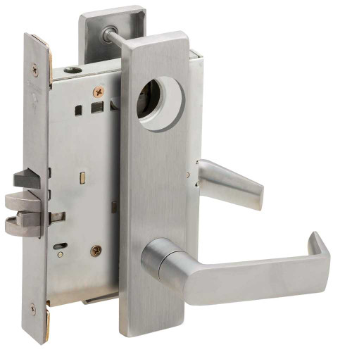 Schlage L9080L 06L 630 Grade 1 Storeroom Mortise Lock Less Cylinder 06 Lever L Escutcheon Satin Stainless Steel Finish Field Reversible L9080L 06L 630