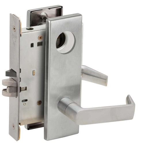 Schlage L9080L 06N 630 Grade 1 Storeroom Mortise Lock Less Cylinder 06 Lever N Escutcheon Satin Stainless Steel Finish Field Reversible L9080L 06N 630