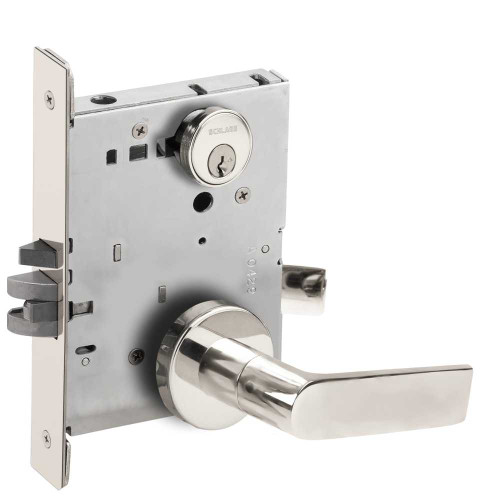 Schlage L9080P 01A 625 Grade 1 Storeroom Mortise Lock Conventional Cylinder S123 Keyway 01 Lever A Rose Bright Chrome Finish Field Reversible L9080P 01A 625