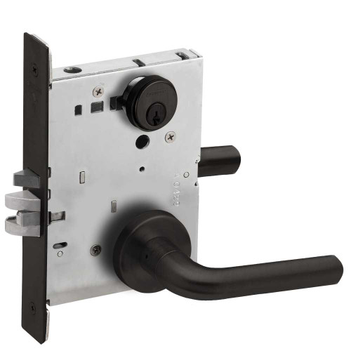 Schlage L9080P 02A 622 Grade 1 Storeroom Mortise Lock Conventional Cylinder S123 Keyway 02 Lever A Rose Flat Black Coated Finish Field Reversible L9080P 02A 622