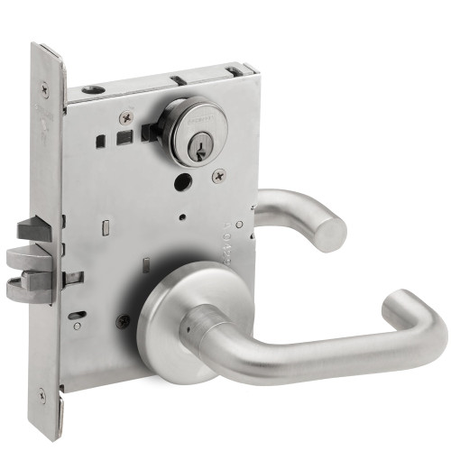 Schlage L9080P 03B 626 Grade 1 Storeroom Mortise Lock Conventional Cylinder S123 Keyway 03 Lever B Rose Satin Chrome Finish Field Reversible
