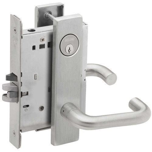 Schlage L9080P 03L 626 Grade 1 Storeroom Mortise Lock Conventional Cylinder S123 Keyway 03 Lever L Escutcheon Satin Chrome Finish Field Reversible L9080P 03L 626