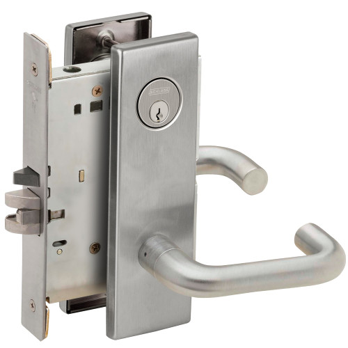 Schlage L9080P 03N 630 Grade 1 Storeroom Mortise Lock Conventional Cylinder S123 Keyway 03 Lever N Escutcheon Satin Stainless Steel Finish Field Reversible