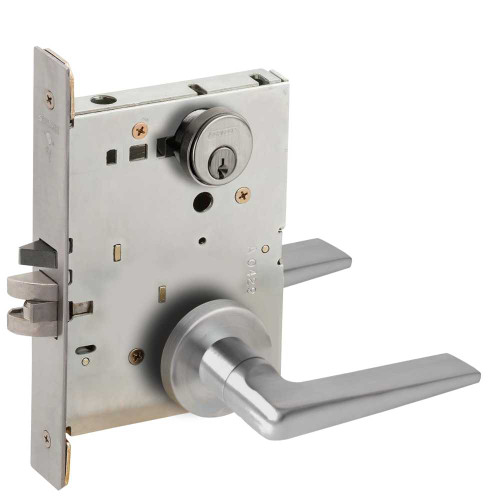Schlage L9080P 05A 626 Grade 1 Storeroom Mortise Lock Conventional Cylinder S123 Keyway 05 Lever A Rose Satin Chrome Finish Field Reversible L9080P 05A 626