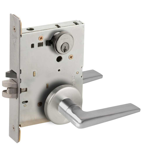 Schlage L9080P 05B 630 Grade 1 Storeroom Mortise Lock Conventional Cylinder S123 Keyway 05 Lever B Rose Satin Stainless Steel Finish Field Reversible L9080P 05B 630