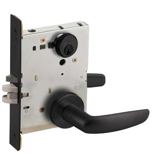 Schlage L9080P 07A 622 Grade 1 Storeroom Mortise Lock Conventional Cylinder S123 Keyway 07 Lever A Rose Flat Black Coated Finish Field Reversible L9080P 07A 622