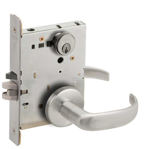 Schlage L9080P 17B 626 Grade 1 Storeroom Mortise Lock Conventional Cylinder S123 Keyway 17 Lever B Rose Satin Chrome Finish Field Reversible L9080P 17B 626