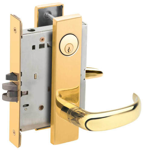 Schlage L9080P 17L 605 Grade 1 Storeroom Mortise Lock Conventional Cylinder S123 Keyway 17 Lever L Escutcheon Bright Brass Finish Field Reversible L9080P 17L 605