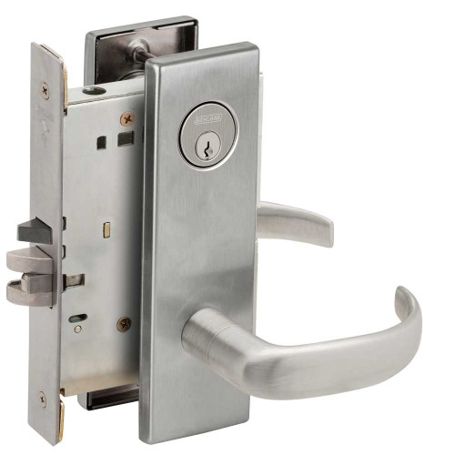 Schlage L9080P 17N 626 Grade 1 Storeroom Mortise Lock Conventional Cylinder S123 Keyway 17 Lever N Escutcheon Satin Chrome Finish Field Reversible L9080P 17N 626