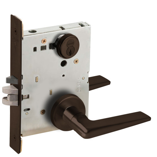 Schlage L9080R 05A 613 Grade 1 Storeroom Mortise Lock Schlage FSIC With Core S123 Keyway 05 Lever A Rose Dark Oxidized Satin Bronze Oil Rubbed Finish Field Reversible