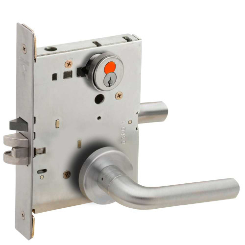 Schlage L9080T 02A 626 Grade 1 Storeroom Mortise Lock Schlage FSIC With Construction Core 02 Lever A Rose Satin Chrome Finish Field Reversible L9080T 02A 626