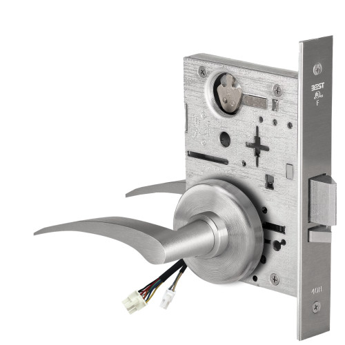 BEST 45HW0NXEL17RH630AM12V Fail Safe 12V No Key Override Electrified Mortise Lock 17 Lever H Rose Right Hand Satin Stainless Steel Antimicrobial