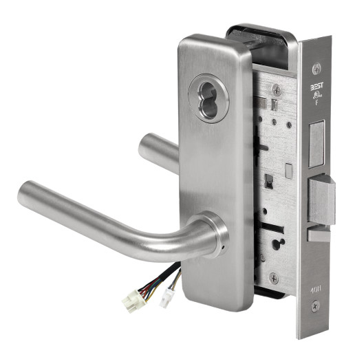 BEST 45HW7TWEL12J630AMRQE12V Fail Safe 12V Double Cylinder With Deadbolt Electrified Mortise Lock 12 Lever J Escutcheon Request to Exit Satin Stainless Steel Antimicrobial