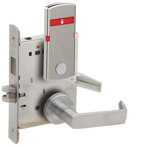 Schlage L9440 06A 626 OS-SYM Grade 1 Privacy with Deadbolt Mortise Lock 06 Lever A Rose Indicator Displays with Icons Exterior Indicator Displays Symbols Only Satin Chrome Finish Field Reversible L9440 06A 626 OS-SYM
