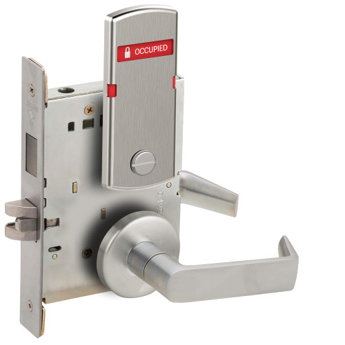 Schlage L9444 06B 626 OS-OCC Grade 1 Privacy with Deadbolt and Coin Turn Mortise Lock 06 Lever B Rose Exterior Indicator Displays Vacant/Occupied Satin Chrome Finish Field Reversible