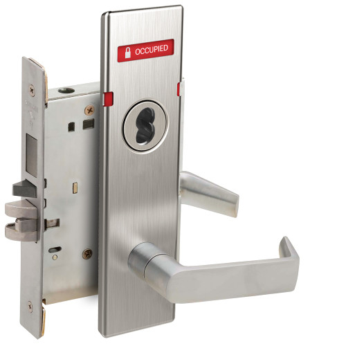 Schlage L9480J 06N 630 OS-OCC Storeroom Mortise Lock with Deadbolt Less Full Size Interchangeable Core 06N Design VACANT/OCCUPIED Indicator for Outside of Door Satin Stainless Steel