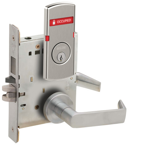 Schlage L9485P 06A 626 RH L283-722 L Series Mortise Lock Faculty Restroom Lock 06 Lever A Rose 6-Pin Full Face Mortise Cylinder Right Hand VACANT/OCCUPIED Indicator for Outside of Door Satin Chrome