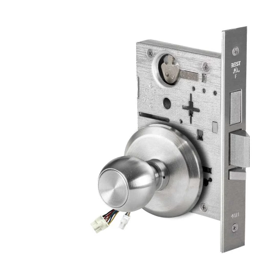 BEST 45HW0LEU4S626AMRQE Fail Secure 24V With Deadbolt No Key Override Electrified Mortise Lock 4 Knob S Rose Request to Exit Satin Chrome Antimicrobial 45HW0LEU4S626AMRQE