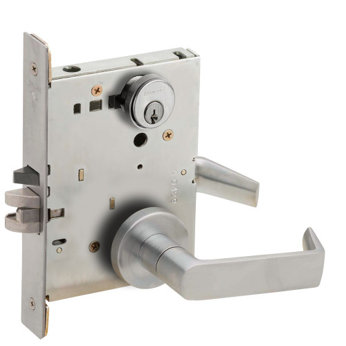 Schlage LV9050P 06A 626 Grade 1 Entrance Office Mortise Lock Conventional Cylinder S123 Keyway 06 Lever A Rose Vandlgard Satin Chrome Finish Field Reversible
