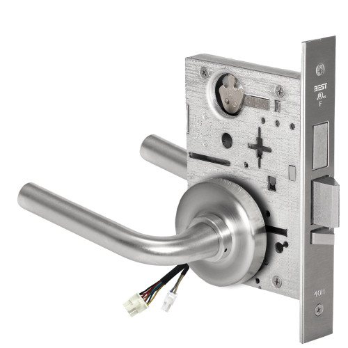 BEST 45HW0LEU12R626AMRQE12V Fail Secure 12V With Deadbolt No Key Override Electrified Mortise Lock 12 Lever R Rose Request to Exit Satin Chrome Antimicrobial