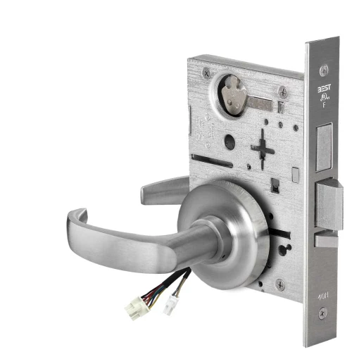 BEST 45HW0LEU14R626AM Fail Secure 24V With Deadbolt No Key Override Electrified Mortise Lock 14 Lever R Rose Satin Chrome Antimicrobial 45HW0LEU14R626AM