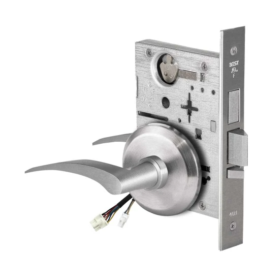 BEST 45HW0LEU17LS626AM12V Fail Secure 12V With Deadbolt No Key Override Electrified Mortise Lock 17 Lever S Rose Left Hand Satin Chrome Antimicrobial 45HW0LEU17LS626AM12V