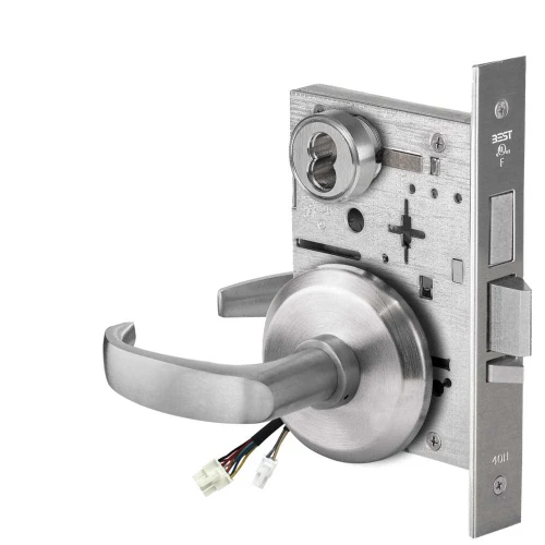 BEST 45HW7TWEL14S626AMRQE12V Fail Safe 12V Double Cylinder With Deadbolt Electrified Mortise Lock 14 Lever S Rose Request to Exit Satin Chrome Antimicrobial 45HW7TWEL14S626AMRQE12V