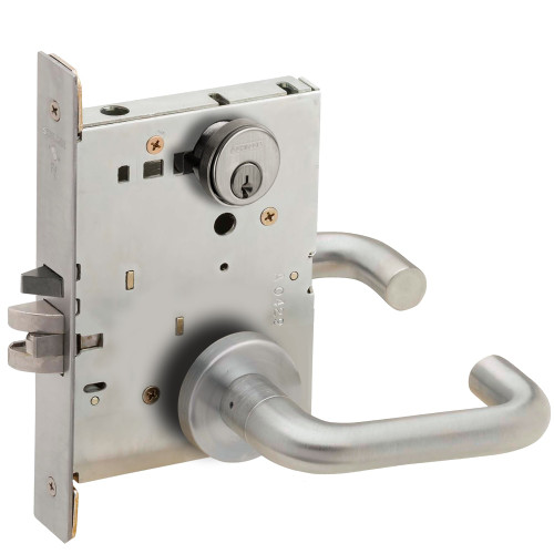 Schlage LV9080P 03A 626 Grade 1 Storeroom Mortise Lock Conventional Cylinder S123 Keyway 03 Lever A Rose Vandlgard Satin Chrome Finish Field Reversible