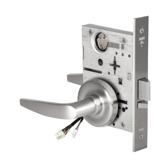 BEST 45HW0NXEL16R626AMRQE12V Fail Safe 12V No Key Override Electrified Mortise Lock 16 Lever R Rose Request to Exit Satin Chrome Antimicrobial