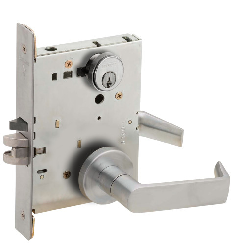 Schlage LV9080P 06A 626 Grade 1 Storeroom Mortise Lock Conventional Cylinder S123 Keyway 06 Lever A Rose Vandlgard Satin Chrome Finish Field Reversible