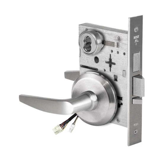 BEST 45HW7TDEL16S626AM12V Fail Safe 12V With Deadbolt Electrified Mortise Lock 16 Lever S Rose Satin Chrome Antimicrobial 45HW7TDEL16S626AM12V