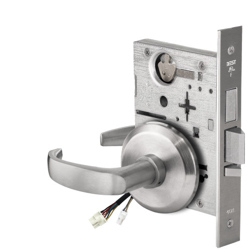 BEST 45HW0LEU14S626AMRQE12V Fail Secure 12V With Deadbolt No Key Override Electrified Mortise Lock 14 Lever S Rose Request to Exit Satin Chrome Antimicrobial