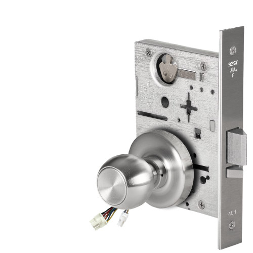 BEST 45HW0NXEU4R626AMRQE12V Fail Secure 12V No Key Override Electrified Mortise Lock 4 Knob R Rose Request to Exit Satin Chrome Antimicrobial
