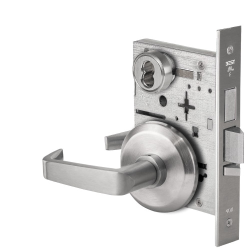 BEST 45HW7TWEL15S626AMRQE12V Fail Safe 12V Double Cylinder With Deadbolt Electrified Mortise Lock 15 Lever S Rose Request to Exit Satin Chrome Antimicrobial