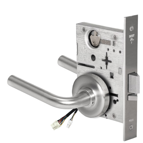 BEST 45HW0NXEL12R626AMRQE12V Fail Safe 12V No Key Override Electrified Mortise Lock 12 Lever R Rose Request to Exit Satin Chrome Antimicrobial