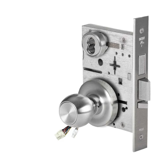 BEST 45HW7TDEL4R626AM12V Fail Safe 12V With Deadbolt Electrified Mortise Lock 4 Knob R Rose Satin Chrome Antimicrobial 45HW7TDEL4R626AM12V