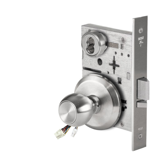 BEST 45HW7WEL4S626AMRQE12V Fail Safe 12V Double Cylinder Electrified Mortise Lock 4 Knob S Rose Request to Exit Satin Chrome Antimicrobial