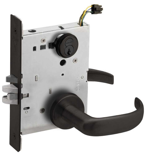 Schlage L9092EUR 17A 622 RX DPS Grade 1 Fail Secure Electric Mortise Lock Schlage FSIC With Core 17 Lever A Rose Request to Exit & Door Position Sensor Flat Black Coated Finish Field Reversible L9092EUR 17A 622 RX DPS
