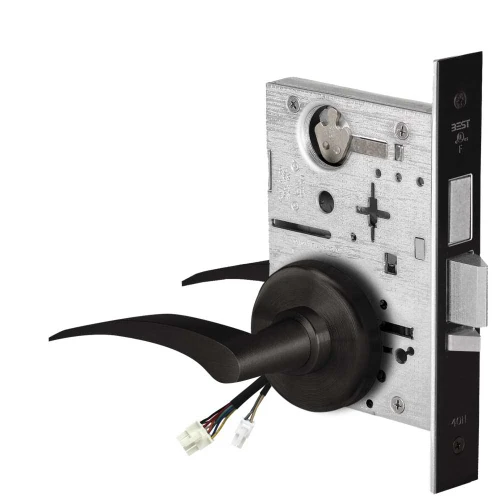 BEST 45HW0LEU17LH622RQE Fail Secure 24V With Deadbolt No Key Override Electrified Mortise Lock 17 Lever H Rose Left Hand Request to Exit Flat Black 45HW0LEU17LH622RQE