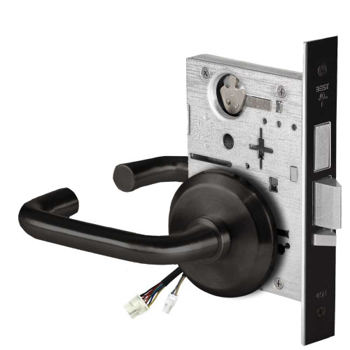 BEST 45HW0LEU3S622RQE Fail Secure 24V With Deadbolt No Key Override Electrified Mortise Lock 3 Lever S Rose Request to Exit Flat Black 45HW0LEU3S622RQE
