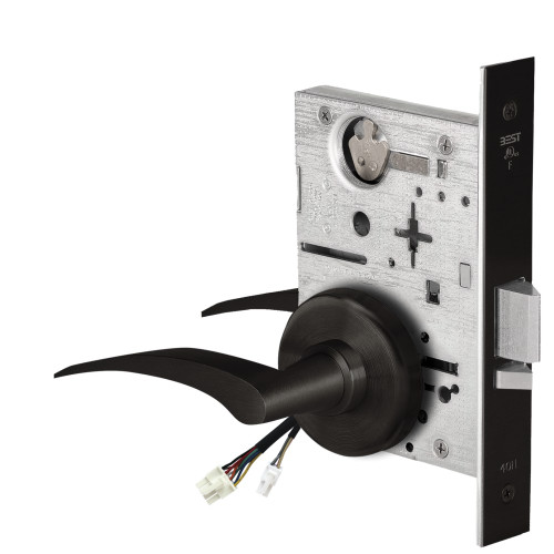 BEST 45HW0NXEU17RH622RQE12V Fail Secure 12V No Key Override Electrified Mortise Lock 17 Lever H Rose Right Hand Request to Exit Flat Black