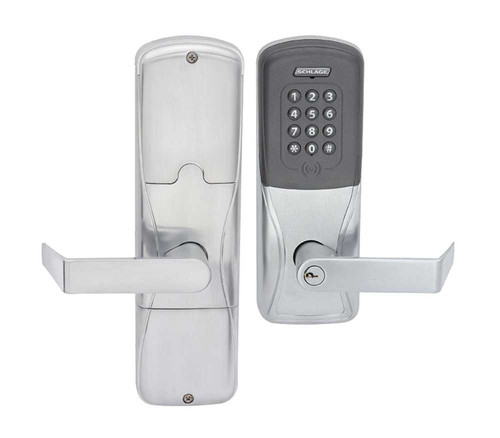 Schlage Electronics AD200CY50KPRHO626PR Grade 1 Standalone Electronic Cylindrical Lock Office Function Keypad Reader Rhodes Lever Conventional Cylinder Satin Chrome Finish Right-Handed AD200CY50KPRHO626PR
