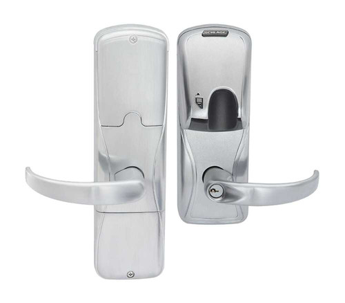 Schlage Electronics AD200MS70MTKSPA626BR Grade 1 Standalone Electronic Mortise Lock Classroom Function Multi-Technology 125 kHz and 1356 MHz Sparta Lever SFIC Prep Satin Chrome Finish AD200MS70MTKSPA626BR