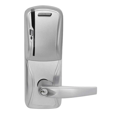 Schlage Electronics AD400MS70MTKATH626BR Grade 1 Networked Wireless Electronic Mortise Lock Classroom Function Multi-Technology 125 kHz and 1356 MHz Athens Lever SFIC Prep Satin Chrome Finish AD400MS70MTKATH626BR